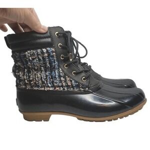 Sam Edelman Women's Black Caldwell Woven Textured Lace-Up Rain Duck Boots Size 9